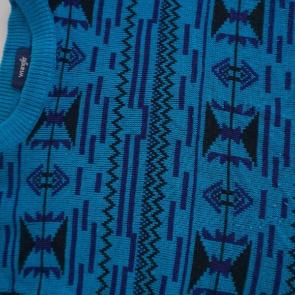 Vintage Wrangler Blue Knit Aztec Print Crewneck Sweater S - Picture 9 of 10